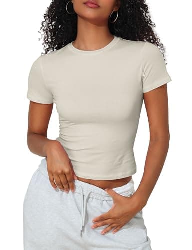 Hilor Women's Slimming Crop Top Baby Tee Cotton Short Sleeve Basic T-Shirt Casual Tight Summer Tops Bone S/US2-4