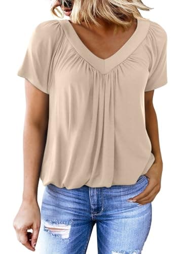 Dokotoo Womens Ladies Casual Summer Basic Henley Short Sleeve Shirts V Neck Solid Color Loose Fit Casual Blouse T Shirts for Women Tee Tunic Tops Apricot L