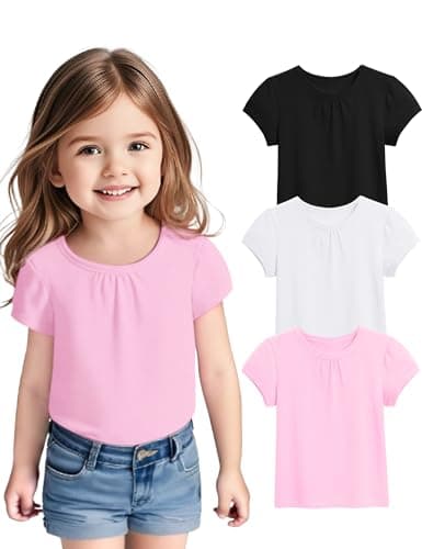 ZUEMET 3 Pack Toddler Girls Short Sleeve T-Shirts Pleated Crewneck Shirts Cotton Tee Tops Size 2T Black+White+Pink