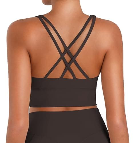 Sunzel Sports Bra for Women, Scoop Neck Crisscross Back Padded Low Impact Bras Tops for Workout Yoga Gym,Java Dark Brown,X-Large