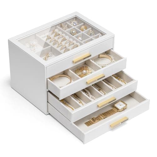 Vlando 4-Drawer Jewelry Box Organizer with Glass Lid, White