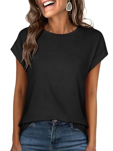 ANRABESS Womens Tops Cap Sleeve Summer T Shirts Basic Tee,Black,L