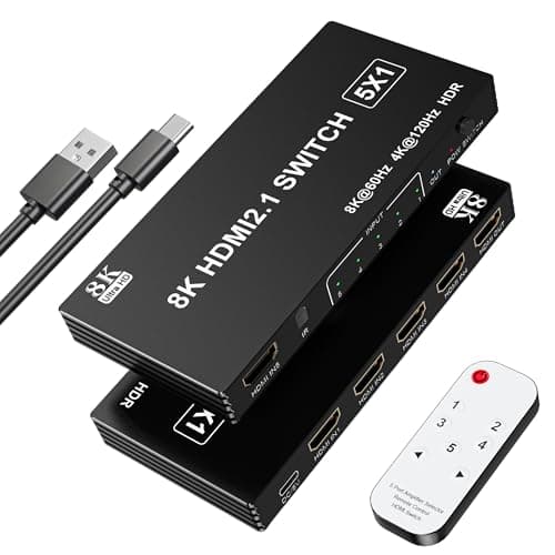 8K@60Hz HDMI 2.1 Switch 5 in 1, 4K@120Hz HDMI Switcher Selector with Remote, HDMI Splitter Support 48Gbps HDR 10+ Dolby Vision/Atmos HDCP 2.3 CEC for PS5 4 Xbox TV Game PC Roku