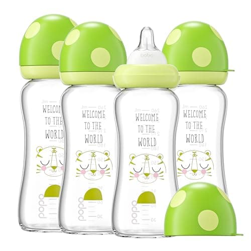 YOHKOH Natural Glass Baby Bottle with Level 2 Medium Flow Nipple, Newborn Anti-Colic Baby Bottles, Wide Neck Mushroom Baby Glass Bottle (8.8ounce (Pack of 4), Green1)