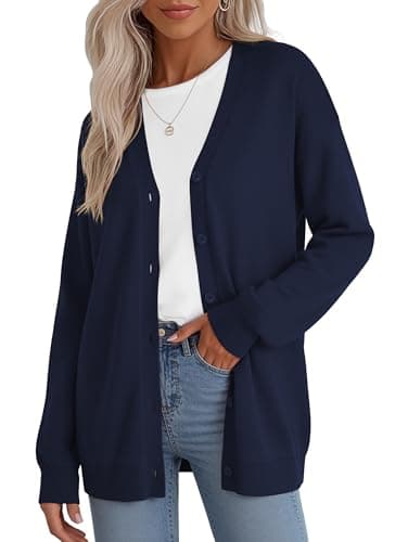 Jouica Women's 2025 Fall Long Sleeve Knit Sweater Open Front Cardigan Button Loose Sweater,Navy Blue,Large