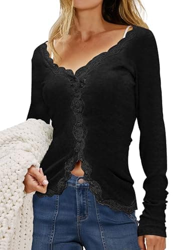 Lacozy Cardigan Sweaters for Women Trendy V Neck Black Lace Cardigan Lightweight Long Sleeve Button Down Tops Women XL