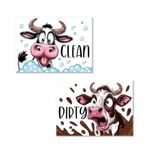 Paayna Farm Cow Dishwasher Magnet Clean Dirty Sign, Farmhouse Animal Double Sided Reversible Strong Magnetic Cover, Rectangle Indicator for Home Kitchen Accessory Laundry Room