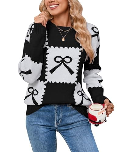 Women's Checkered Bow Sweaters Long Sleeve Halloween Pullover Knit Tops