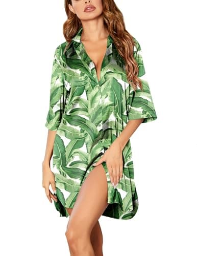 Ekouaer Nightshirt for Women Button Down Sleep Dress Satin 3/4 Sleeve Lightweight Soft Nightgown Hawaiian Leaves White S