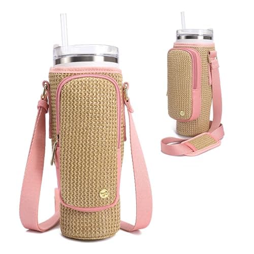 NEICOA Straw Water Bottle Holder with Strap for Stanley Cup 40/30 oz Summer Crossbody Bags Water Bottle Carrier Sling Woven Beach Purse with Phone Pocket Travel(Pink 30oz)