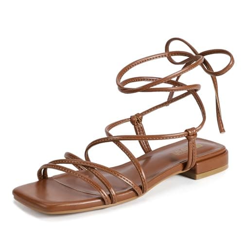 IDIFU Strappy Lace Tie Up Ankle Wrap Straps Brown Flat Sandals for Women
