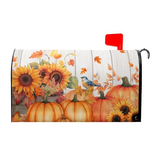 Autumn Fall Thanksgiving Mailbox Covers Harvest Sunflowers Maple Leaf Pumpkin Bird Mailbox Post Cover Letter Box for Garden Standard Size 21x18 in for Yard Home Decor