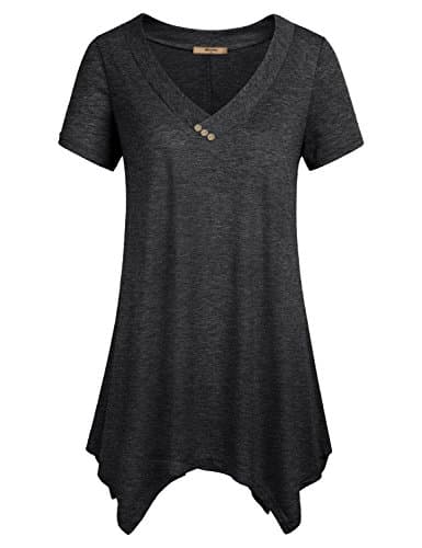 Miusey Tunic Tops for Leggings for Women, Ladies Short Sleeve Shirts V Neck Vintage Elegant A Line Flared Flattering Blouses for Summer Plus Size Handkerchief Hem Flowy Dress Black 2XL