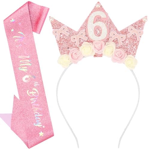 Exacoo 6th Birthday Girl Sash and Crown Headband Princess Happy Birthday Decorations for Girls Gifts for 6 Year Old Girl Pink Glitter 'It’s My Birthday' Sash Photo Prop