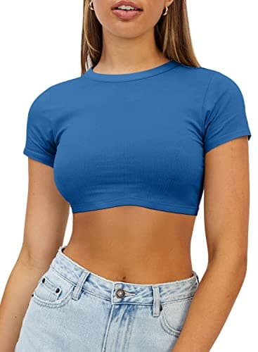 Haochic Womens Blue Crop Tops Summer T-Shirt Basic Short Sleeve Fitted Ribbed Casual Double Lined Cute Top Shirt XS