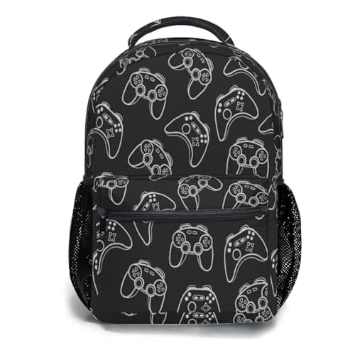 Anyako White Video Gamepad Controller School Backpack, Kids Backpack for Boys Girls Teens, Laptop Backpack Shoulder Bookbag for Children School Travel Camping Daypack