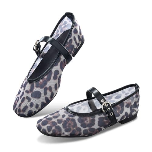 Leopard Flats for Women Mesh Ballet Flats Mary Jane Animal Print Shoes Slip On Casual Breathable Ballerina Flats