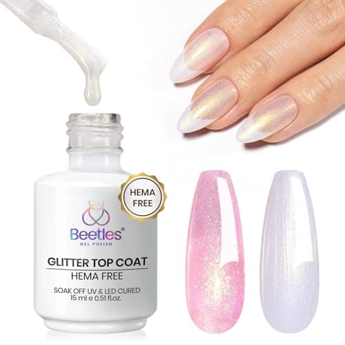 Beetles Hema Free Glitter Gel Top Coat for French Tip Press on Nails Pearl Shimmer Glitter Green 2-IN-1 No Wipe Top Coat, Long Lasting15ml