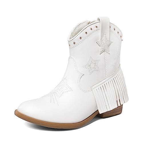DREAM PAIRS Girls Cowgirl Cowboy Ankle Western Boots Side Zipper Riding Shoes with Tassel,Size 12 Little Kid,WHITE,SDBO2302K