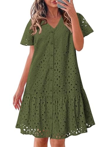 KIRUNDO Eyelet Dresses for Women 2026 Spring Summer Short Sleeve Button Down Loose Mini Babydoll Dress Beach Vacation Clothes(Army Green, XX-Large)
