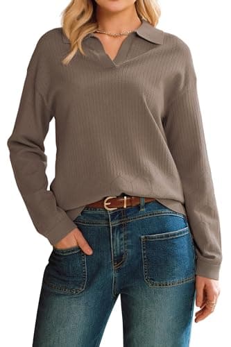 Arach&Cloz Womens 2026 Spring Cotton V Neck Long Sleeve Polo Collared Shirts Lightweight Sweaters Tops Business Casual OutfitsEyelet Knit Dressy Work Clothes Old Money Outfits Coffee XL