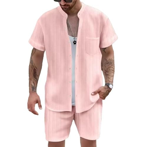 DEEX 2XL Pink Men's Summer Beach Outfits 2 Piece Short Sleeve Henry Shirts and Shorts Texture Vacation Sets for Men 2025