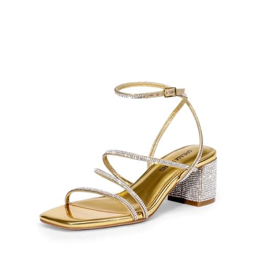 DREAM PAIRS Womens Block Heels 2 inch Strappy Square Toe Dressy Chunky Low Heeled Sandals for Party Wedding Evening,Size 6,Gold-Rhinestone,DWUMHS2512