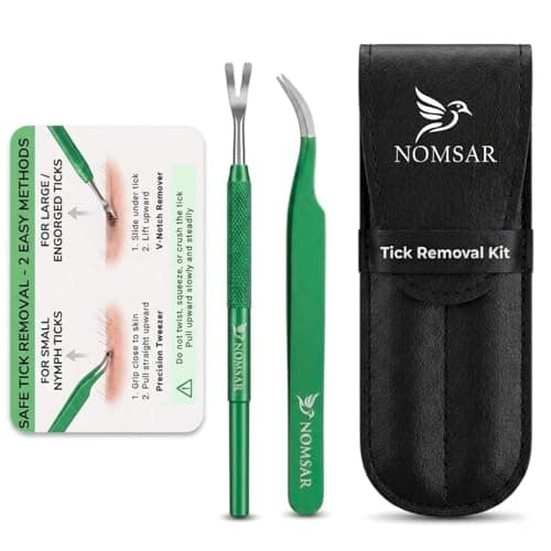 NOMSAR Premium Tick Removal Tool Kit – Stainless Steel Tick Tweezers & V-Notch Remover, Tick Remover for Dogs & Humans with Leather Case & Tick Identification Card