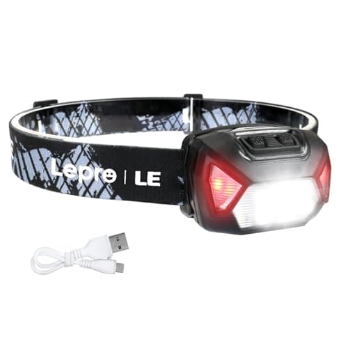 Lepro Rechargeable LED Headlamp, Bright Head Light for Camping & Hiking, Multiple Lighting Modes, IPX4 Waterproof, Lightweight Adjustable Headband, USB Rechargeable