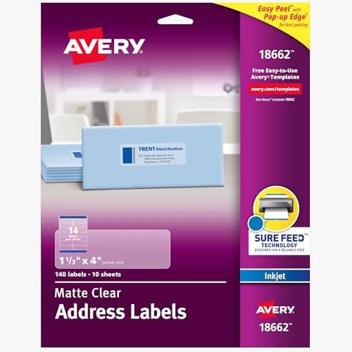 Avery Printable Address Labels, Sure Feed Technology, 1-1/3" x 4", Matte Clear, Permanent Adhesive, Inkjet Printable, 140 Blank Mailing Labels, Great Product Merchandising, Jars, and More (18662)