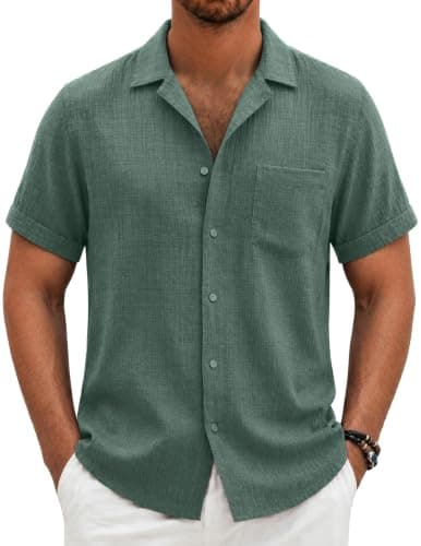 COOFANDY Linen Short Sleeve Shirts for Men Button Down Summer Shirts Vacation Camp Cruise Wear Grey Green