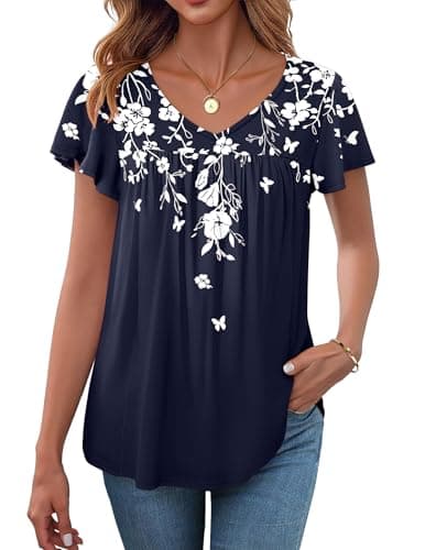 Zeagoo Short Sleeve Shirts for Women Summer Outfits Going Out Top for Women Plus Size V Neck Flowy Blouse Casual Top 3XL Navy Floral