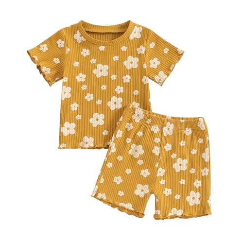 Kupretty Toddler Baby Girl Clothes Cute Floral Fruit Summer Outfits Set Ruffled Shirts + Shorts 12 18 24 Months 2T 3T (Ruffle Flower Set-Yellow, 6-12 Months)