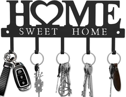 Key Holder Hooks Organizer Hanger Rack Wall Mounted Sweet Home Metal Decor Stylish and Practical for Entryway Front Door Kitchen Hallway Garage Mudroom Office Hardward Included Black (Sweet 13 inches)