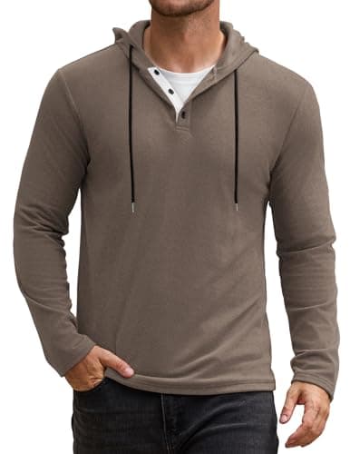 Vssjavun Long Sleeve Hooded Tshirt Men Vintage Henley Shirts Casual Hooded Sweatshirt Coffee Medium