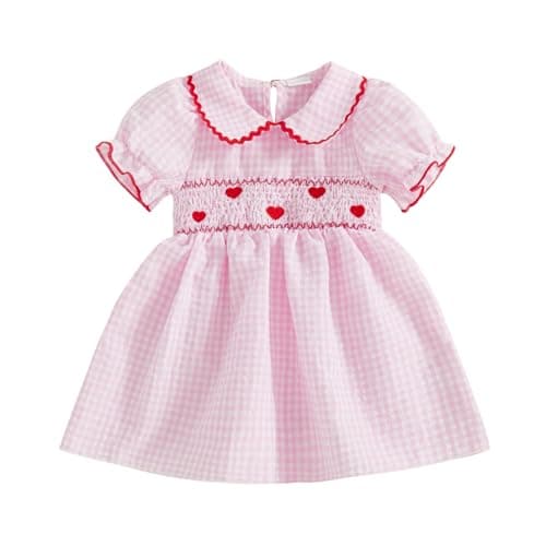 mlpeerw Toddler Baby Girl Valentines Day Outfit Infant Heart Smocked Dress Doll Collar Dresses Cute Valentine Spring Clothes (Heart Embroidery Pink, 6-12 Months)