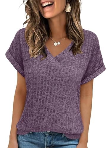 ANRABESS Women Tops Summer Sweaters Short Sleeve V Neck Shirts 2026 Spring Fashion Dressy Casual Business Tunic Blouses Purple X-Large