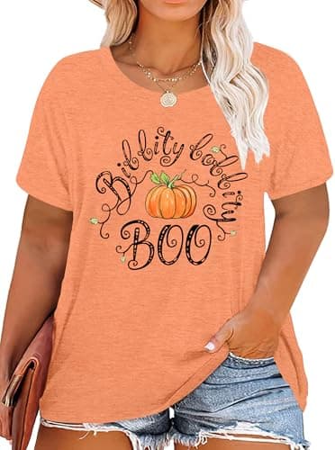 QAUN Plus Size Pumpkin Shirt Women: Plus Halloween T Shirt Bibbidi Bobbidi Boo Shirt Fall Tops(Orange2,XL)
