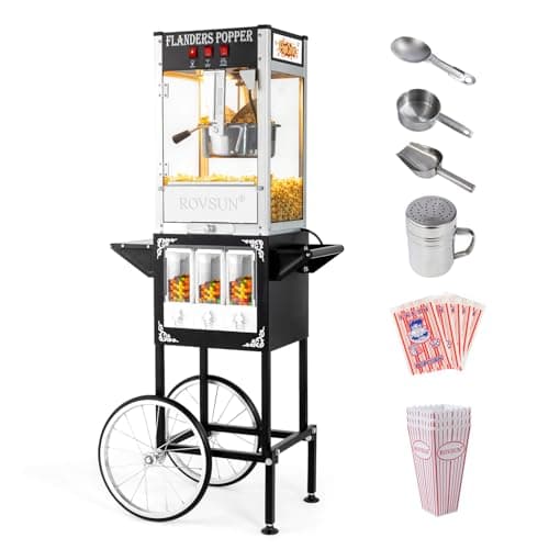ROVSUN Popcorn Machine Cart with Candy Dispenser, 8 Oz Kettle Makes Up to 32 Cups ETL, Vintage Popcorn Maker w/Scoop, Oil Spoon, Bags & Cups, Movie Theater Style Popper for Commercial Home, Black
