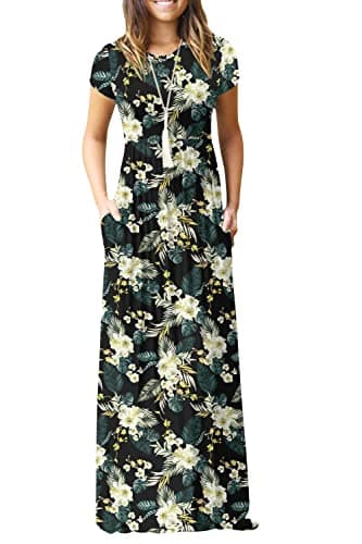 EUOVMY Women's Short Sleeve Maxi Dresses Loose A-line Casual Party Vintage Spring Summer Flowy Beach Sundress Hawaiian Boho Vacation Casual Long Dress with Pockets Yellow Green Leaves Small
