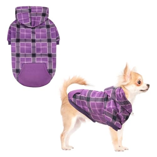 KOOLTAIL Plaid Dog Hoodie for Small Medium Large Dogs - Pet Clothes Sweater with Hat and Pocket for Cold Weather Winter, Warm Soft Dog Hooded Sweatshirt Coat Outfit for Puppy Cats Girls Boys Purple S