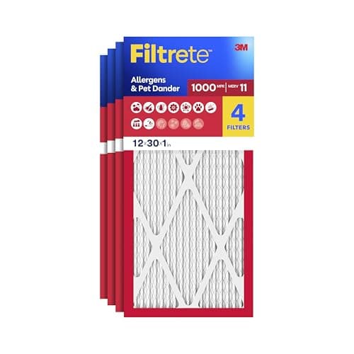 Filtrete 12x30x1 Air Filter, MERV 11, MPR 1000, Allergens & Pet Dander, 3-Month AC and Furnace Filters, Cleaner Air, Reliable Airflow, 4 HVAC Filters (Actual Size 11.81 x 29.81 x 0.81 in)