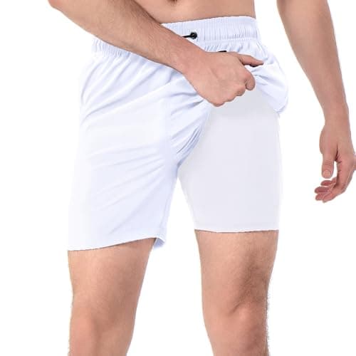 FREDRM Men's Swim Trunks with Compression Liner Quick Dry Bathing Suit Stretch Beach Board Shorts with Zipper Pockets (A-White, L)