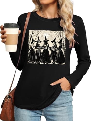 PECHAR Halloween Shirts for Women: Girls Will Be Girls Witch Graphic Tshirt Fall Shirts Long Sleeve Pullover Tops
