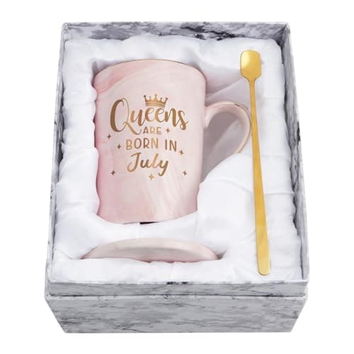 YHRJWN July Birthday Gifts for Women, Queens Are Born in July Mug, Cancer Zodiac Gifts for Women Girls Friends BFF Sister Daughter Mom Wife, Cancer Zodiac Gift, 14 Oz Pink (Gift Box)