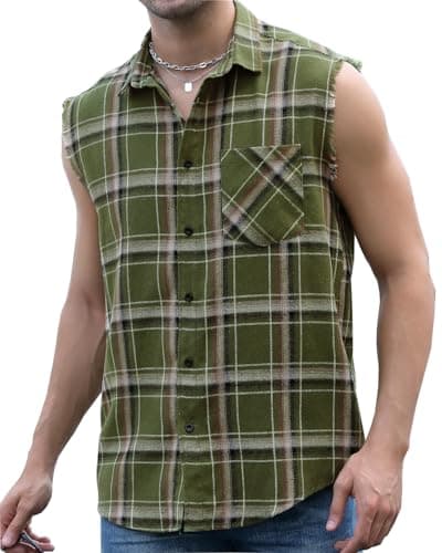 Plaid Sleeveless Shirt for Men Casual Muscle Performance Button Down Shirts