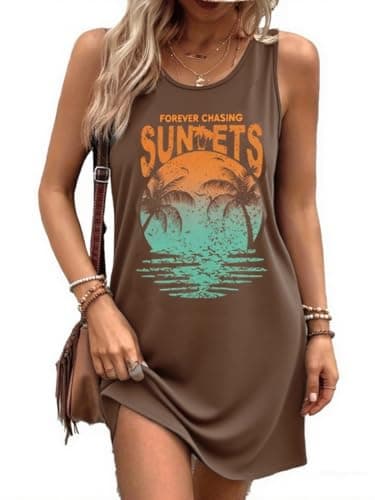 Sun Dresses for Women Sunset Graphic Casual Summer Dresses Beach Vacation Outfits Sundresses Brown XXL