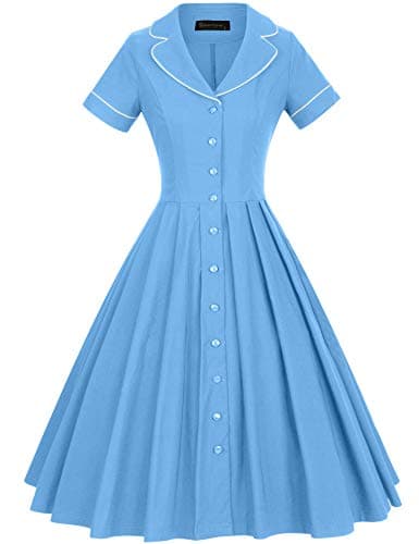 GownTown Women's 1950s Vintage Short Sleeves Notch Lapel Swing Dress