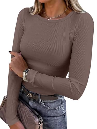 ANRABESS Women Long Sleeve Shirts Ribbed Fitted Tops,Coffee,XL