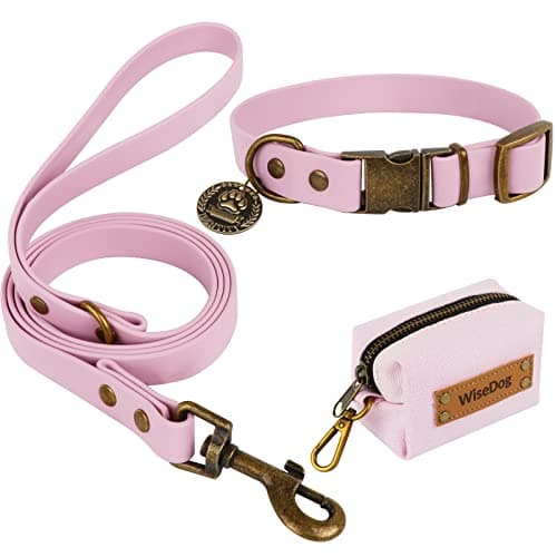 Wisedog Waterproof Dog Collar and Leash Set, Adjustable Puppy Collar with Cute Tag 6FT Dog Leash with Poop Bag for Small Medium Large Dogs (XL, Pale Pinkish Purple)